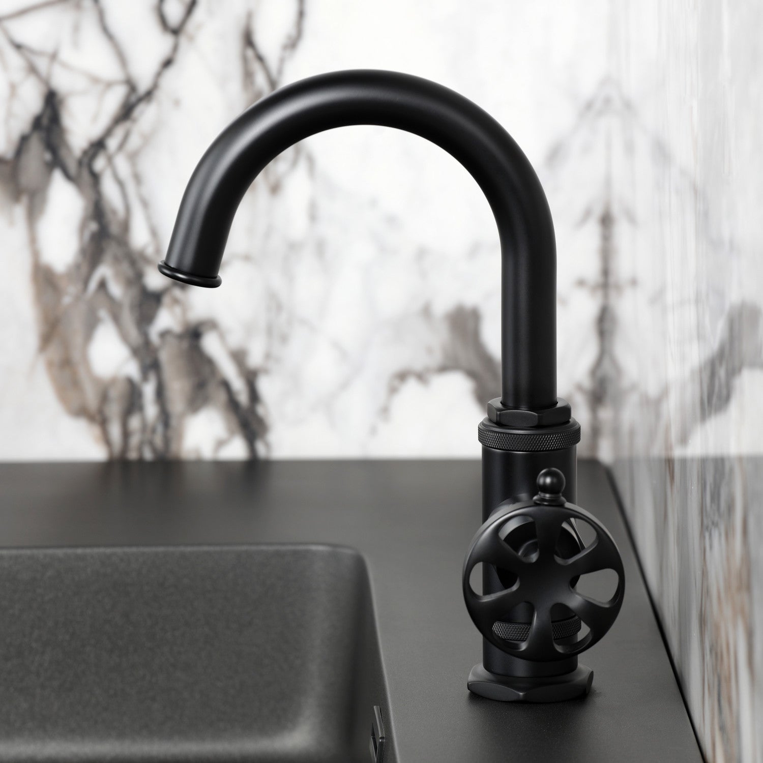 Kingston Sona KSD2210RX - Belknap One-Handle 1-Hole Bathroom Faucet with Deck Plate and Push Pop-Up Drain, Matte Black — thumbnail 3